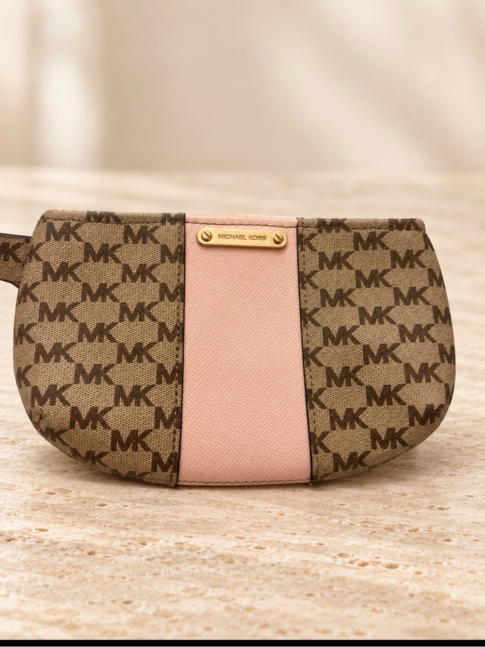 Michael Kors Brown Logo Wristlet with Pink Center Panel